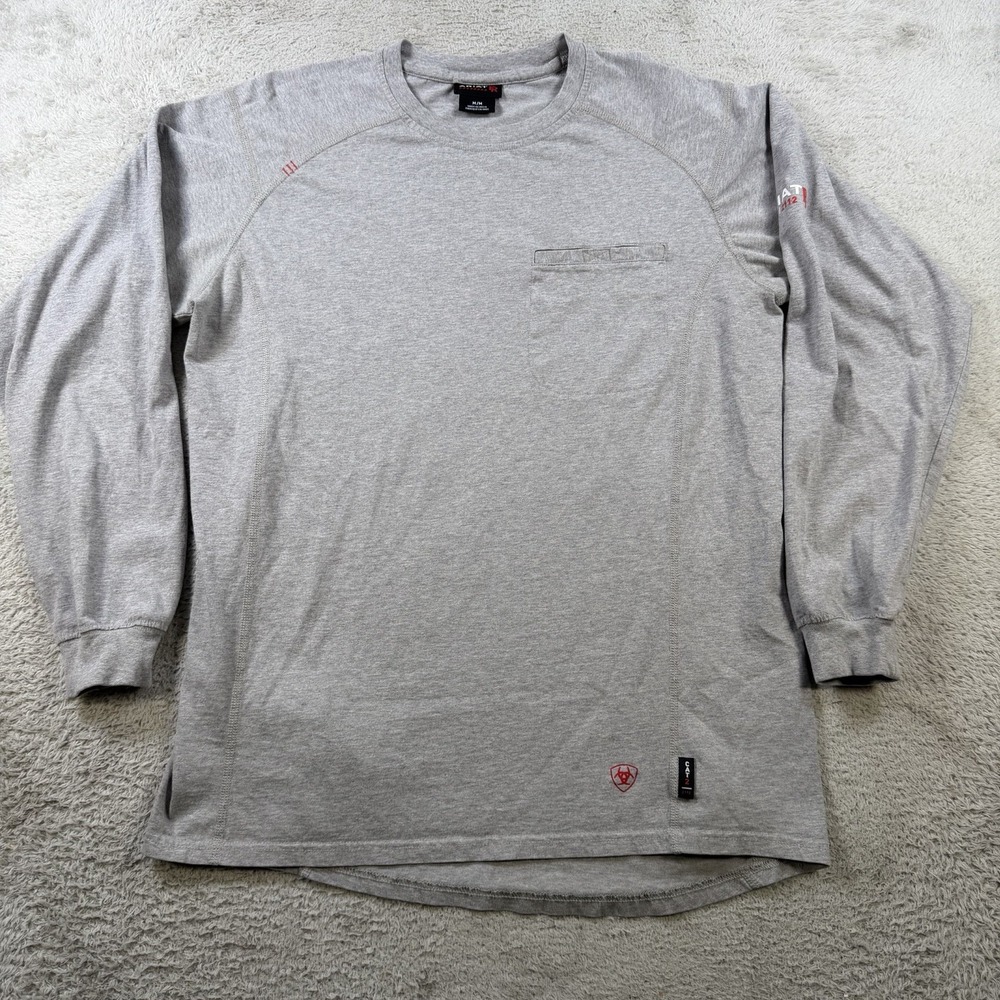 Ariat FR T-Shirt Men Medium Grey Long Sleeve Flame Resistant Workwear Pocket Tee